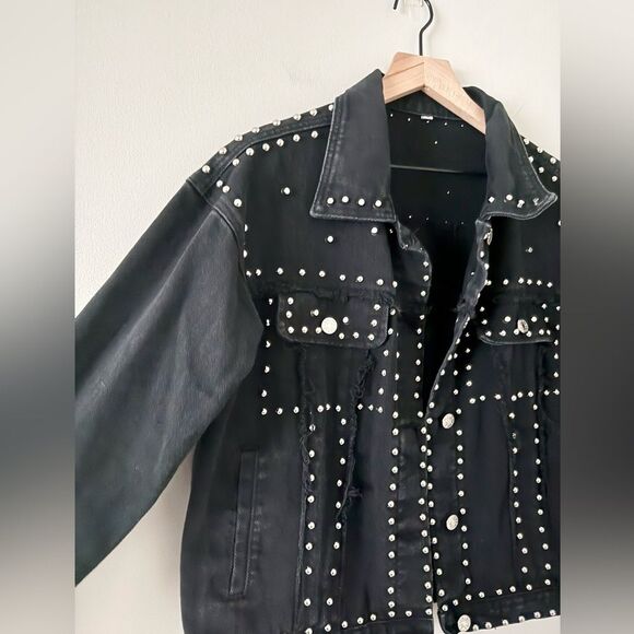 No Brand Boutique Studded Cotton Denim Jacket in Black and Silver - Size S - Picture 2 of 5